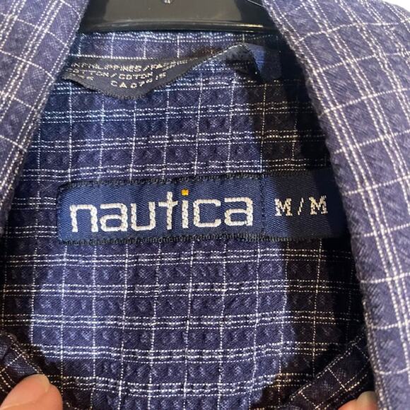 Nautica Blue Striped Textured Collared Short Sleeve Button Down Shirt Men Sz M - Picture 6 of 6